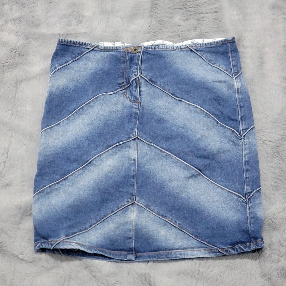 Vintage Baby Phat Skirt Womens 7 Blue Denim Chevron Panel Pencil Stretch 90s